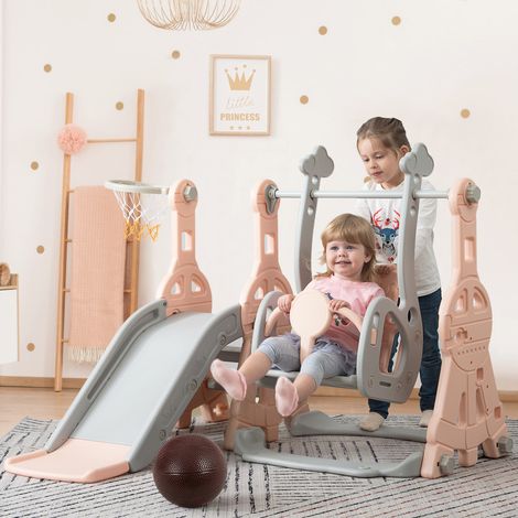 Toboggan enfant 4 en 1 avec balançoire, échelle et panier de basket, aire de jeux bébé intérieur extérieur, structure multifonction sécurisée rose