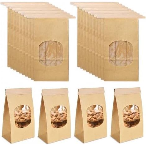 20 sacchettini per biscotti con finestra, sacchettini da forno, sacchetti di carta kraft con chiusura a clip, sacchetti per il pane riutilizzabili, sacchetti di carta kraft per biscotti, toast, carame