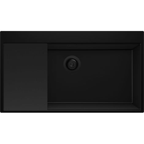 PRIMAGRAN Evier Cuisine en Granit 88x50cm,Lavabo 1 bac + Kit de Vidage + Planche à Découper, Évier à Encastrer au meuble 90cm - Oslo, Tout Noir (1/5)