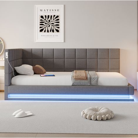 Letto divano imbottito moderno in lino grigio 90x200 cm con testiera, LED, presa USB e rete a doghe (1/5)