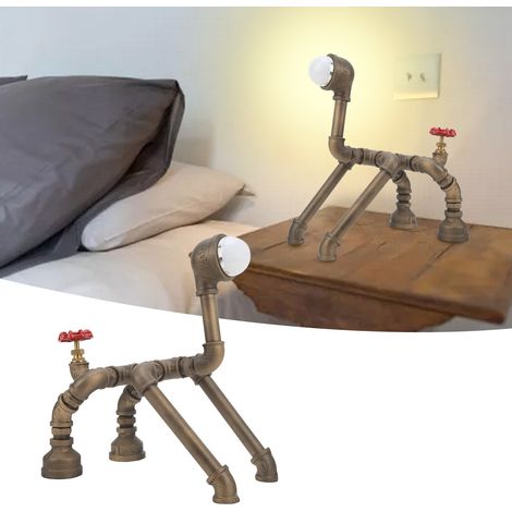 Lampe de table créative en métal de style industriel avec un design de tuyau d'eau en forme de chien, lampe décorative LED pour bureau/chambre à coucher, lumière jaune chaude. (1/5)
