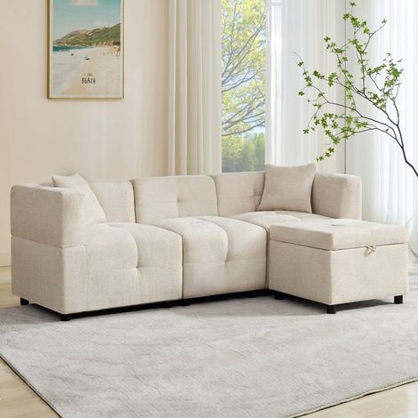 Canapé d'angle en L 3 places beige en tissu chenille avec rangement et repose-pieds amovible (1/5)
