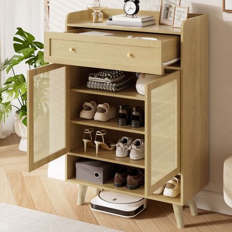 Mueble zapatero con 2 puertas, 4 estantes, 1 cajón, balda abierta, 80 x 105 x 35 cm HAVRYA (1/5)