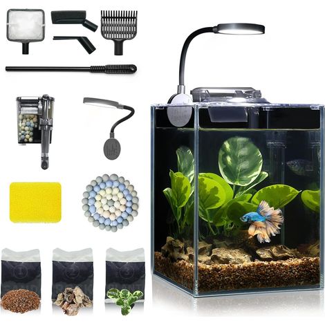 Desktop Betta Petit aquarium en verre 5 litres Kit complet 15 x 15 x 20, système de filtration autonettoyant, lumière LED brillante, gravier, plante, outil de nettoyage, kit de démarrage pour les