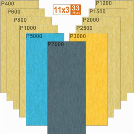 33 Pièces Papier de Verre 7000 5000 3000 2500 2000 1500 1200 1000 800 600 400 Grain Papier abrasif Humide et Sèche, Utilisé pour polir métal, bois, les voitures, 9 x 3,6 pouces par Papier feuille (1/5)