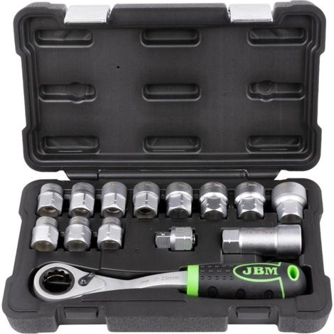 JBM – Coffret de 14 douilles débouchées 1/2 – 13 à 27 mm – Adaptateurs et rallonge 75 mm – Cliquet 72 dents réversibles