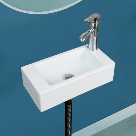 Petit évier de salle de bain à montage mural, installation sans perçage, auto-adhésif, 40 x 20 cm avec trou de robinet de 3 cm, mini évier en plastique pour la maison, le dortoir, les camping-cars (1/5)