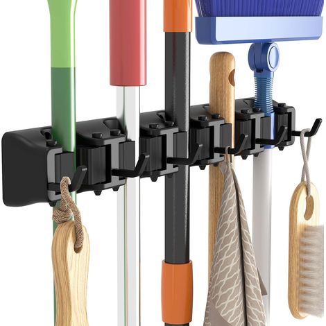 Supporto per scopa da parete, supporto antiscivolo per mocio per organizzare gli accessori per la pulizia, facile da installare, supporto per scopa da parete per attrezzi da giardino, nero (1/5)