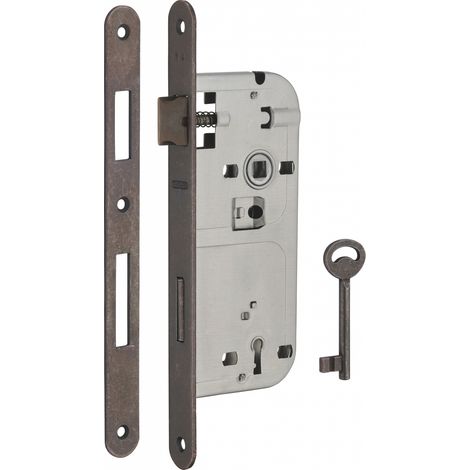 Serratura Patent da incasso 90mm x 45mm, reversibile, piastra tonda, richiamo 1/2 giro, 1 chiave, bronzo - THIRARD