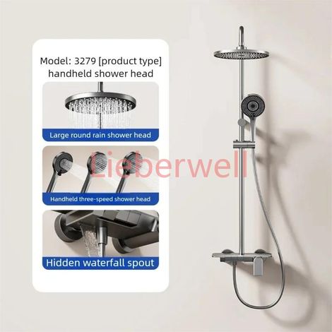 Ensemble de douche multifonctionnel gris anthracite pour salle de bain, avec fonction pluie, touches piano, eau chaude et froide, et surpression (1/4)