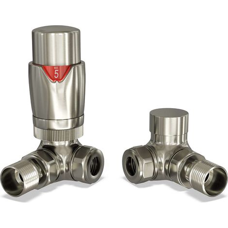 Stirling Bold - Silver Nickel Thermostatic Radiator Valve & Lockshield Corner 15mm (1/4)