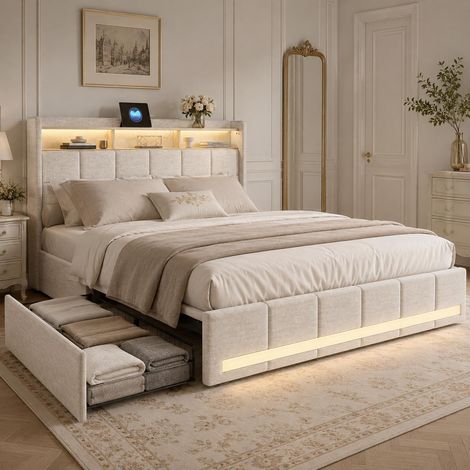 Letto matrimoniale 160x200 cm con LED RGB, letto per adulti con 4 cassetti e testiera con ripiano, rivestimento in lino, rete a doghe, Beige (1/5)