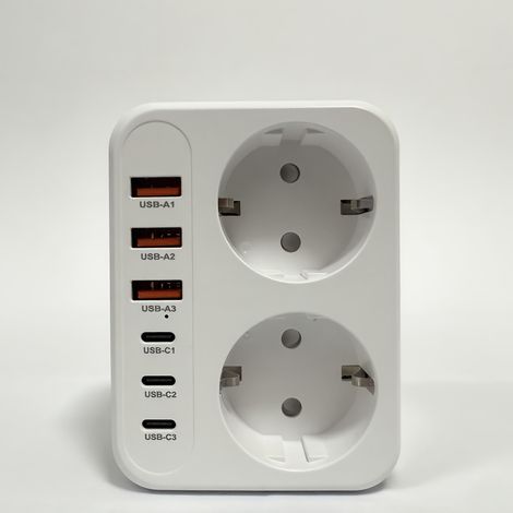 Extension de prise blanche 8-en-1 (norme UE), équipée de 2 prises de courant, 3 ports USB-A et 3 ports USB-C. (1/5)