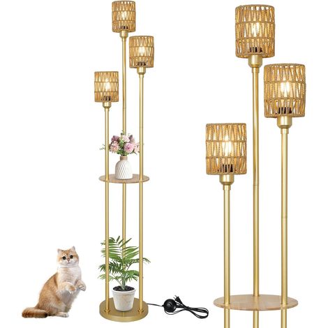 Lampadaire Or Salon à 3 Flammes Avec Étagère, Abat-jour en Rotin (1/5)
