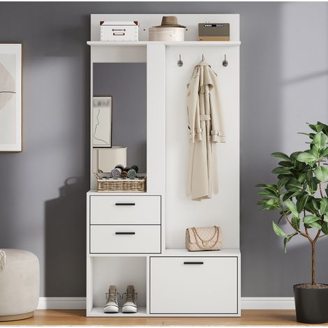 Schuhschrank mit Spiegel, 2 Schubladen, 3 Haken, 90 x 30 x 180 cm, weiß OKMYHOME (1/5)