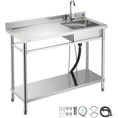 Évier cuisine utilitaire en acier inoxydable, évier professionnel autoportant à cuve unique droite, avec robinet, tuyau d'eau chaude et froide pour garage, restaurant, buanderie, 1200x500x940 mm (1/5)