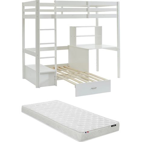 Letto a soppalco 90x200cm scrivania, divano letto e vani Pino massello Sbiancato + Materasso  - GOLIATH III