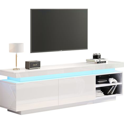 Mueble TV con 2 Puertas, 2 Huecos y LED, Acabado Brillante, para Salón, en Tablero de Partículas, Blanco (1/5)