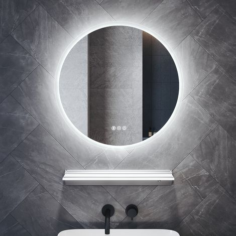 SONNI Badspiegel mit Beleuchtung Runden 60x60cm, LED Badspiegel mit Beleuchtete Ablage Touch Bluetooth 3 Lichtfarbe Dimmbar Anti-Beschlag