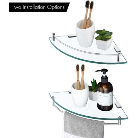Bathroom Corner Shelf Tempered Glass with Towel Holder 2 Pieces Stainless Steel (1/4)