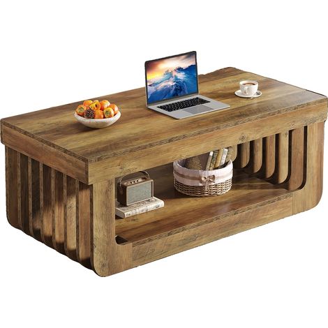 Mesa de centro de dos niveles, fabricada en MDF resistente, color marrón rústico. (1/2)
