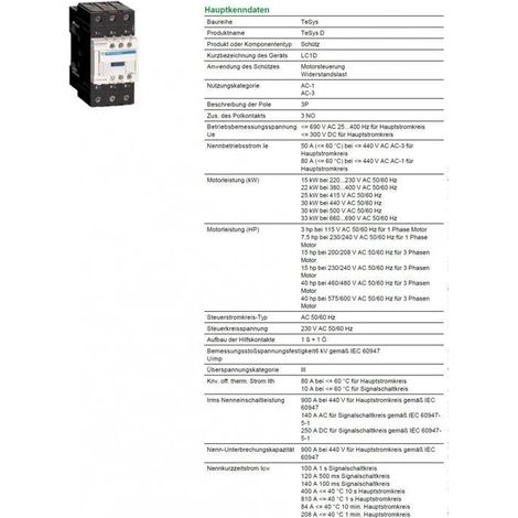 Schneider Electric LC1D50AP7 Dreipoliger elektrischer Schütz 50A