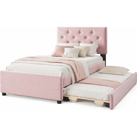 Lit capitonné 90x200 cm avec lit gigogne, sommier à lattes, velours rose, tête de lit à boutons, sans matelas, idéal pour petits espaces et chambre d'enfant - CHICFURN (1/5)
