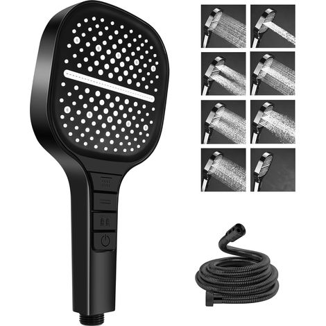 Duschkopf mit Schlauch 7 Strahlarten Handbrause Dusche Wassersparend, 1.5m Schlauch, 13cm Groß, Antikalk-Funktion, Hochdruck, Chrom, Schwarz (1/5)