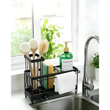 Organizzatore per lavello da cucina, porta spugna con vassoio di scolo automatico, scaffale portaoggetti con porta asciugamani e porta spazzole, nero (1/5)