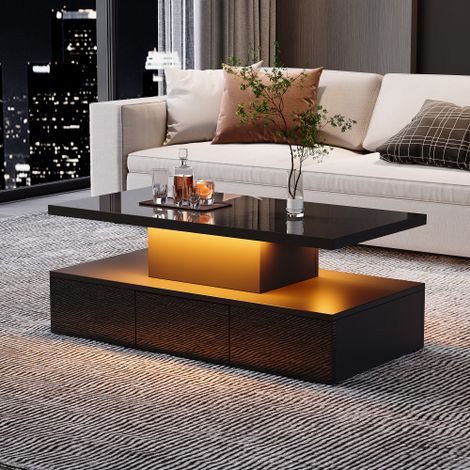 Table basse à deux niveaux pour le salon avec éclairage LED 16 couleurs, table de salon laquée brillante, console avec étagère ouverte et un tiroir coulissant, petite table d'appoint rectangulaire, no (1/4)