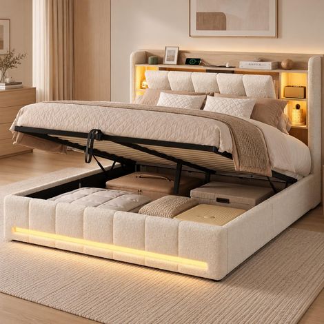 Cama canapé abatible 160x200 cm doble hidráulica, LED RGB y puerto USB+Tipo C, Cabecero con almacenaje integrado, tapizado en borreguito, Beige (1/5)