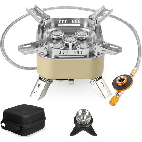 Réchaud à Gaz Portable,Réchaud à gaz d’extérieur cuisinière camping Réchaud à Gaz 5 Feux en Fonte,avec mallette de transport, Idéal pour Randonnée et les Pique-niques (1/5)