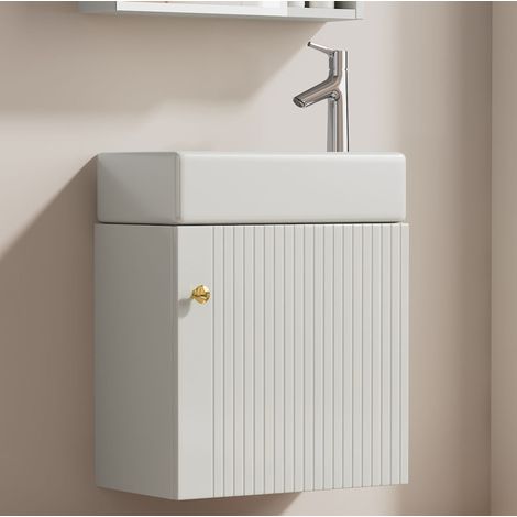 Meuble vasque suspendu moderne blanc en MDF 46 cm avec vasque en céramique et 1 porte soft-close (1/5)