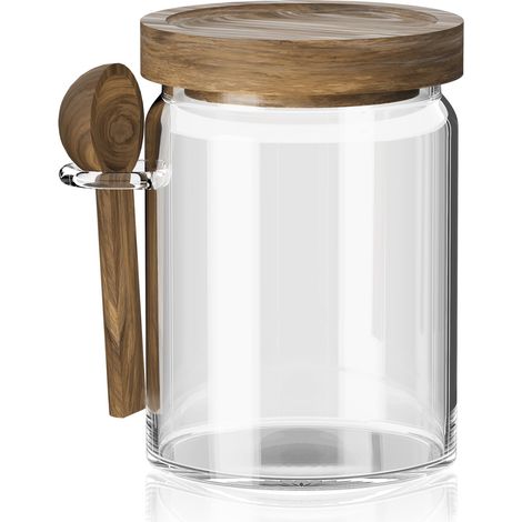 Bocaux de conservation en verre de 600 ml avec couvercle en bois et cuillère - Bocaux à céréales avec couvercle - Bocaux de cuisine pour café, thé, sucre, céréales (1/5)