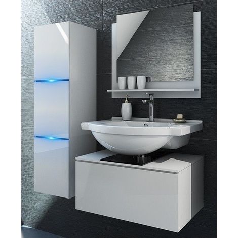 Set di mobili da bagno bianchi collezione OWL. Colonna, mobile sotto lavabo, specchio, sifone e led.