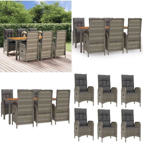 Ensemble à manger jardin et coussins 7 pcs gris rotin - Chaise de jardin inclinable - Table de jardin (1/5)