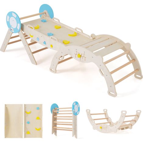 Ensemble d'escalade enfant en bois naturel avec triangle pliable, toboggan et arche, pour chambre jardin et salle de jeux (1/5)