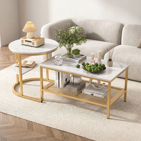 ADWOLT Lot de 2 Tables Basses Gigognes - Table d'Appoint - Cadre en Métal Doré - Plateau aspect marbre - MDF -Design moderne-80 x 46 x 41 cm et Ø52cm