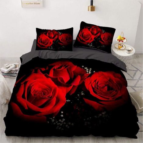 Bettwäsche-Set 200x200cm mit Rosenmuster, 2 Kissenbezüge 80x80cm, Microfaser, Reißverschluss