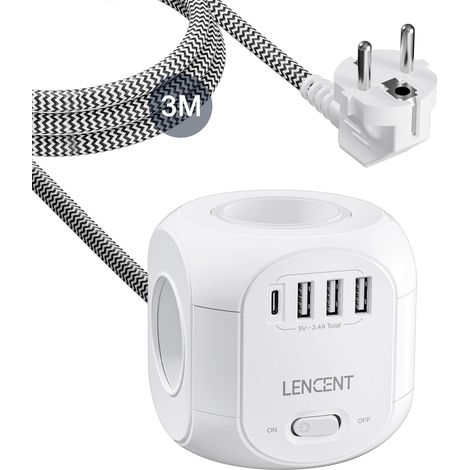 Cube rallonge multiprise 3M avec 4 Prises AC, 3 USB et 1 Type C Protection Contre Les surtensions pour rallonge électrique avec Interrupteur pour Maison, Cuisine, Bureau, Tressé Câble (1/5)