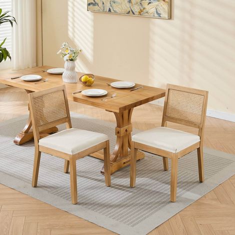 Juego de 2 sillas de comedor para cocina, respaldo de mimbre, estructura de madera, asiento de lino, estilo de mediados de siglo - beige (1/5)