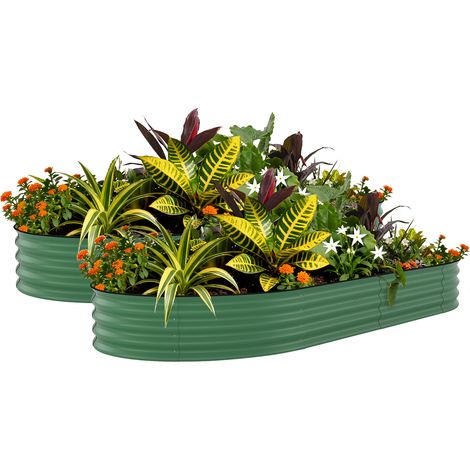 Lot de 2 jardinières surélevées ovales en métal galvanisé – Antirouille, bandes anti-coupure, fond ouvert pour drainage – Légumes, fleurs, herbes, extensionérieur – Vert amélioré, 300x120x45cm (1/5)