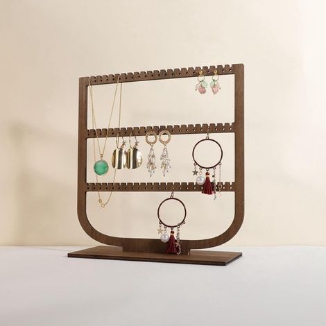 Présentoir à bijoux en bois de noyer avec fonction de suspension Présentoir à 3 niveaux pour colliers et boucles d'oreilles, idéal pour la vente (1/2)