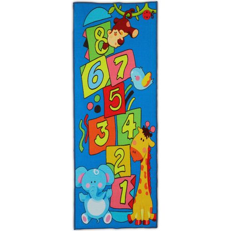 Relaxdays Kinderteppich Hüpfkästchen, Spielteppich mit Tier-Motiv, 179 x 67 cm, Hüpfteppich für Himmel und Hölle, bunt