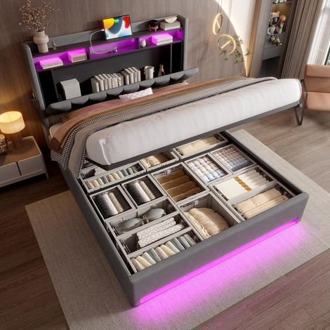 Bettkasten 160x200 cm – Doppelbett 160x200 cm – Kopfteil mit LED und Ablage – USB-Ladeanschluss Typ C – Lattenrost – Modernes Polsterbett – Grau