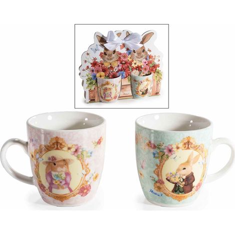 Tazzine da caffè con decorazioni conigli di Pasqua in confezione regalo sagomata con fiocchetto, set da 6 pezzi, Tazzina: Ø 5,5 cm x 6 H