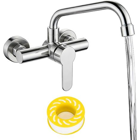 Robinet de cuisine en montage mural: mitigeur en acier inoxydable brossé 304, robinet de cuisine pivotant à 360 degrés, cartouches en céramique, finition mate en acier inoxydable, robinet