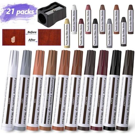 Marqueur De Retouche Meubles - 10 Couleurs + 10 Bâtons De Cire + Aiguiseur - Pour Rayures Et Égratignures Sur Bois - Kit De Réparation 21 Pièces (1/5)