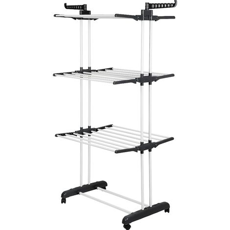 Étendoir Linge Intérieur avecRoues sur 3 Niveau Séchoir à Linge Extensible Pliable 170x 75 x 49 cm noir + blanc (1/5)