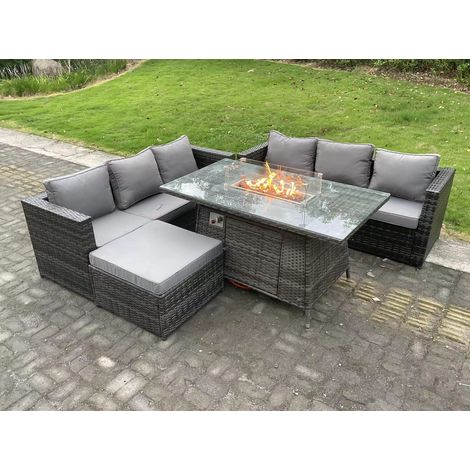 Fimous Outdoor Rattan Garden Furniture Sofa Set Gas Fire Pit Dining Table Gas Heater Burner With 3 Seater Sofa Big Footstool 7 Seater Dark Grey Mixed (1/5)